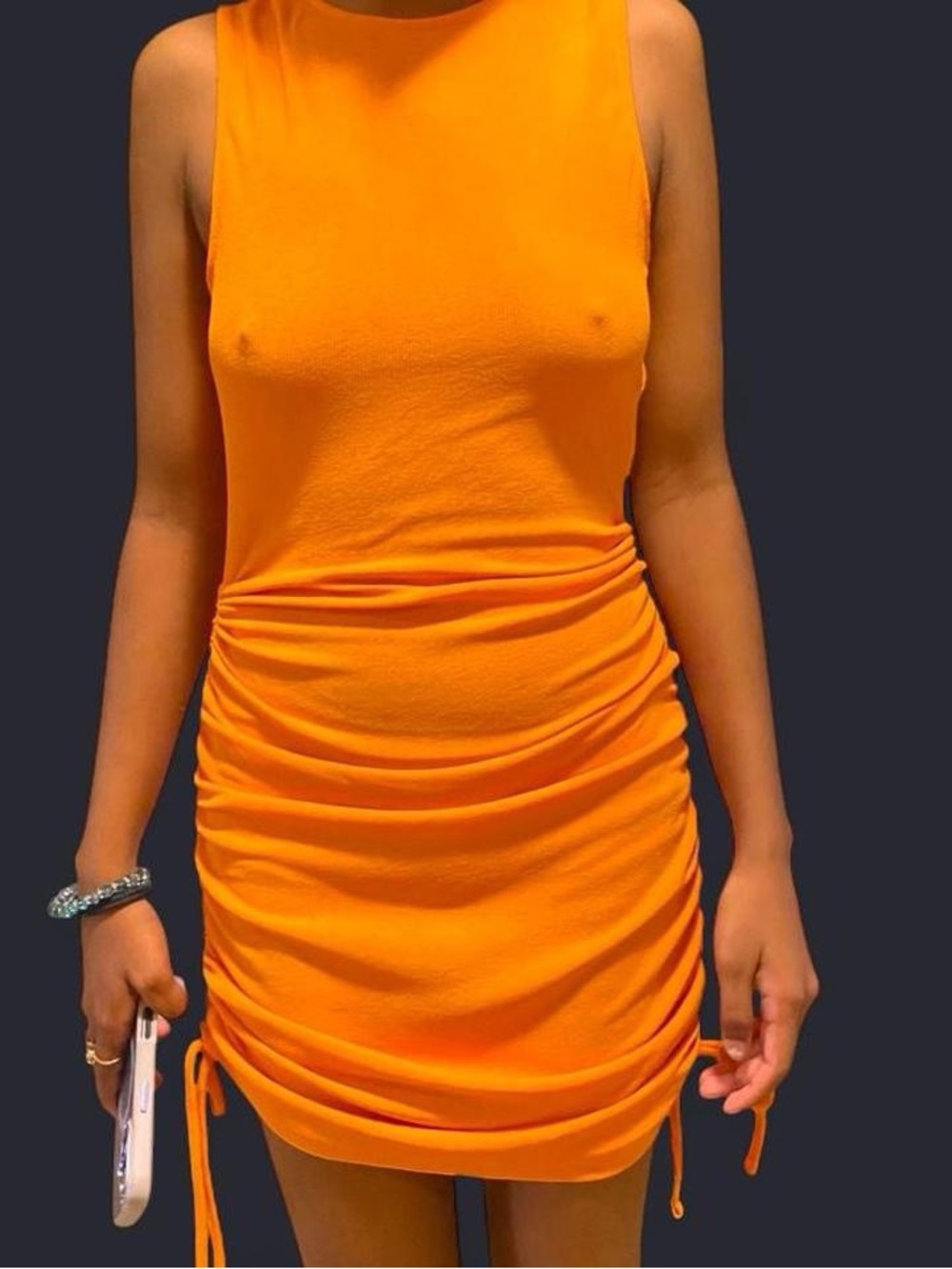 H&M Bright Orange Sleeveless Ruched Mini Dress